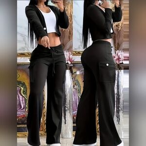 Women's Black Cardigan And Cargo Pants Set